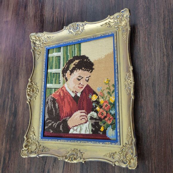 Vtg Framed Needlepoint Old Fashion Girl Embroidering Wall Decor Art Romantic - Picture 3 of 15